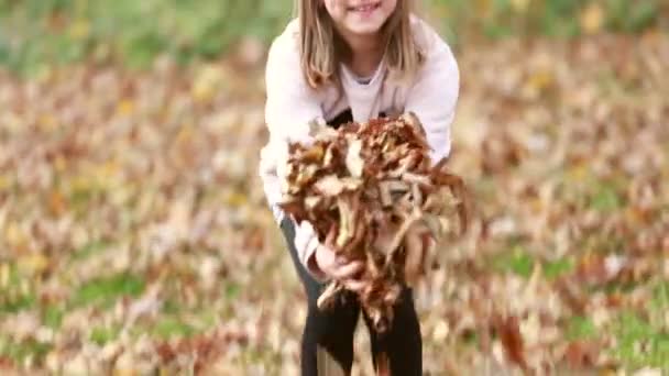 Дівчина кидає листя в парку — стокове відео