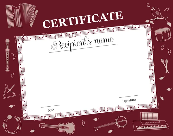 Certificat de cours de musique — Image vectorielle