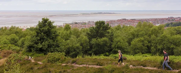 Een paar wandelingen hun hond boven West Kirby — Stockfoto