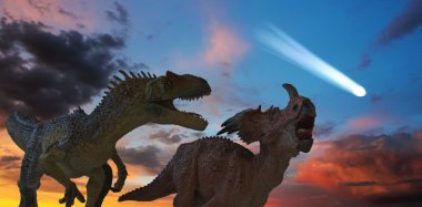 Allosaurus and Styracosaurus Battle as the Comet Approaches clipart