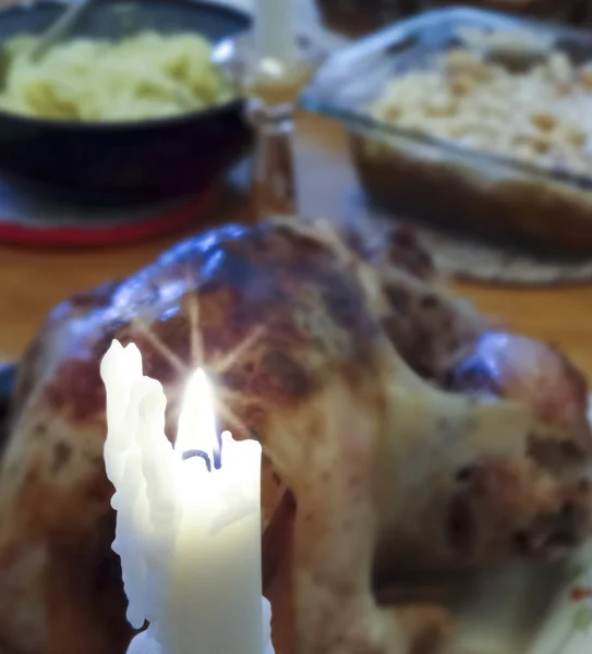 A Burning Candle on a Thanksgiving Table — Stock Photo, Image