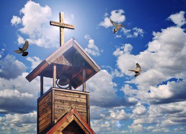 A Bell Tower with Cross, Heavenly Light and Doves clipart