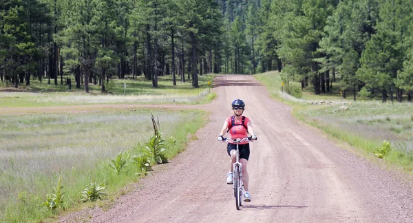 A Woman Cyclist Rides a Forest Road — Stock Photo, Image