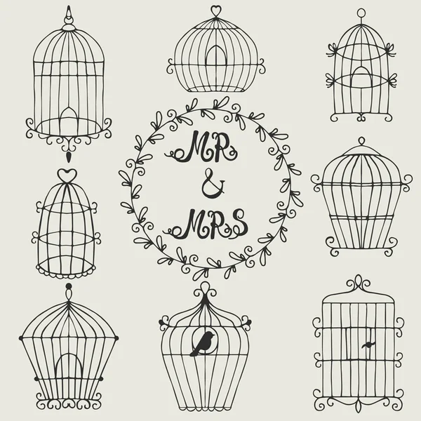 Ensemble de cages à oiseaux dessinées à la main — Image vectorielle