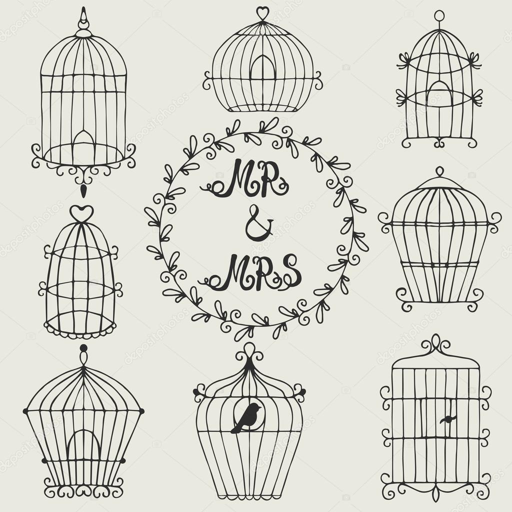 Set of hand drawn bird cages
