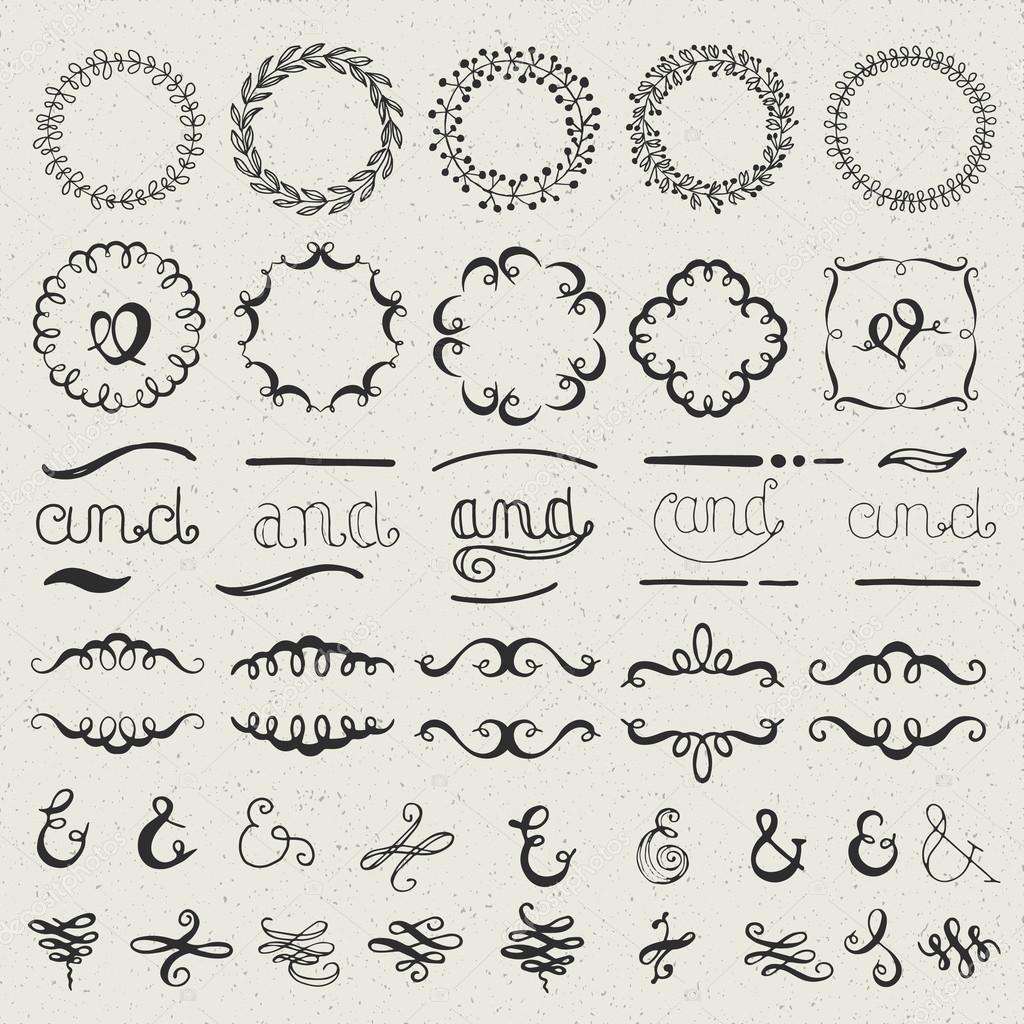 Set of hand drawn lettered design elements