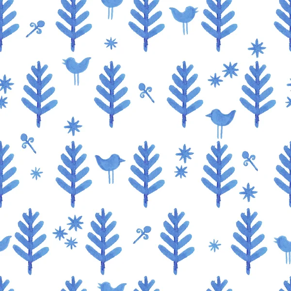Akvarell seamless mönster med blå träd — Stock vektor
