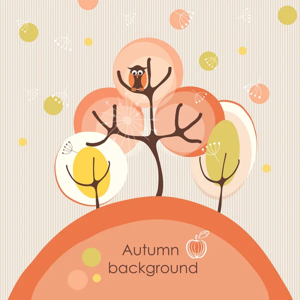 Funny autumn background with trees and owl — Wektor stockowy