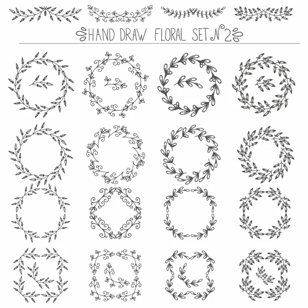 Set of hand drawn floral design elements: corners, curls, wreaths. — Stock vektor