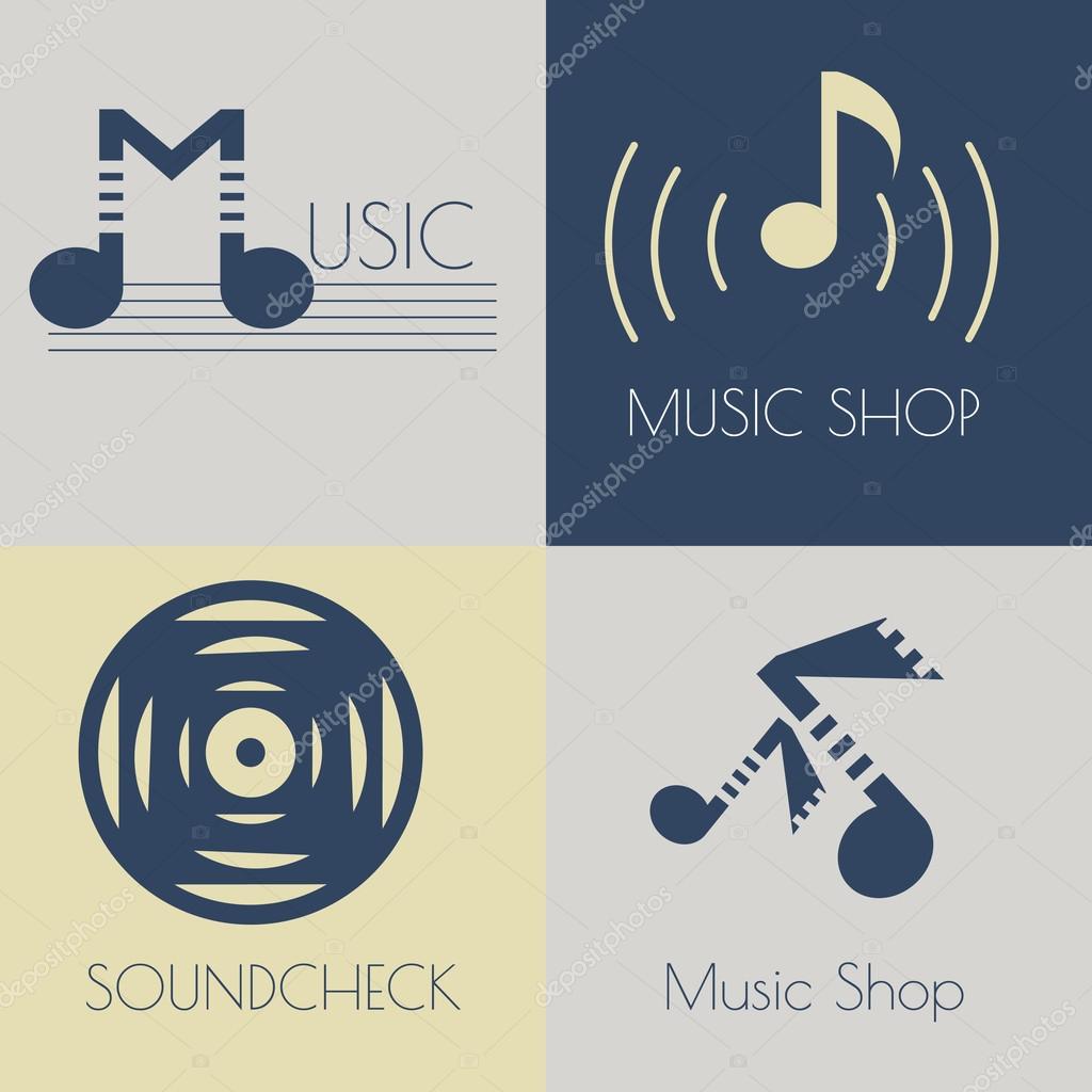 Set of music flat logos for design music shops, recording studio, music schools