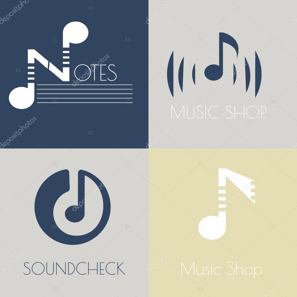 Set of music flat logos for design music shops, recording studio, music schools