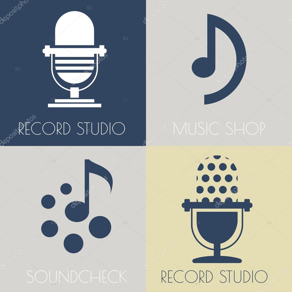 Set of music flat logos for design music shops, recording studio, music schools