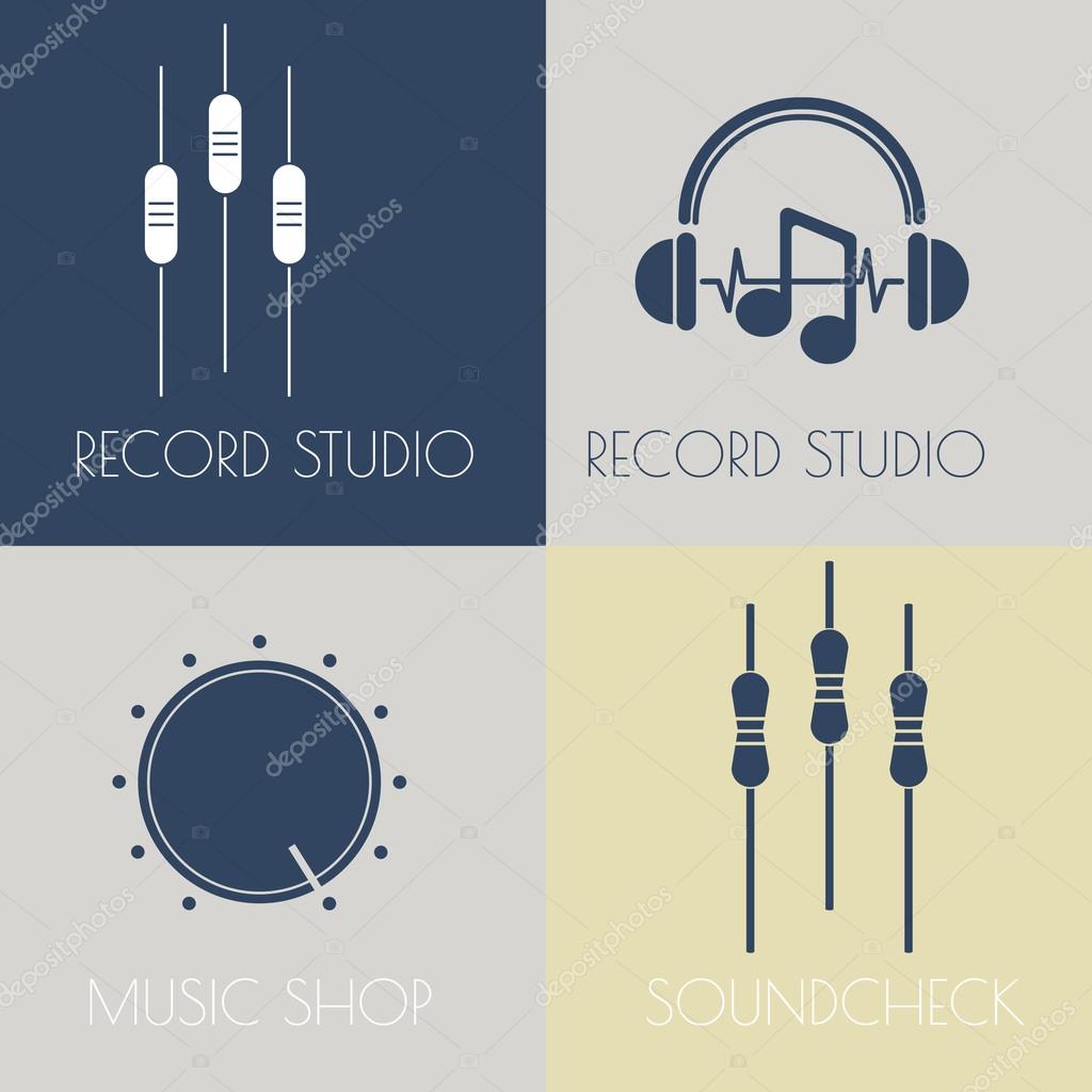Set of music flat logos for design music shops, recording studio, music schools