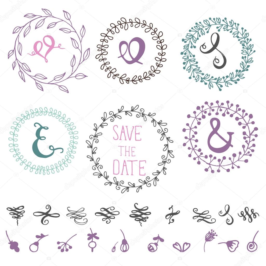 Set of hand drawn design elements: ampersands, doodles, frames, wreaths.