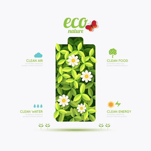 Ecologie infographic batterijsymbool vorm ontwerp. Save natuur conc — Stockvector