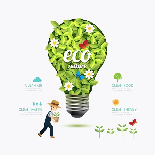Ecología infografía forma de bulbo verde con diseño de plantilla de agricultor — Vector de stock
