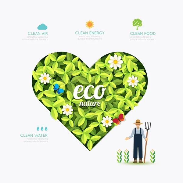 Ecoheartecology infographic groene hart vorm met boer sjabloonontwerp — Stockvector