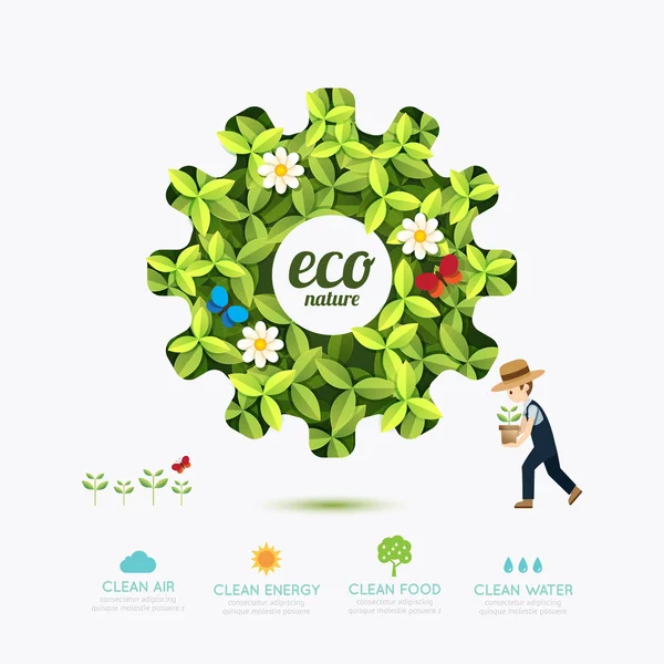 Ekoloji Infographic yeşil dişli şekil çiftçi şablon tasarımı ile. — Stok Vektör