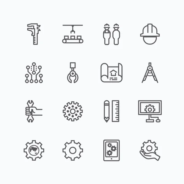Icônes de silhouette d'ingénierie et de fabrication mis ligne mince plate — Image vectorielle