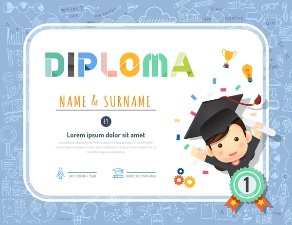 Certificaat kids diploma, kleuterschool sjabloon lay-out doodle sk — Stockvector