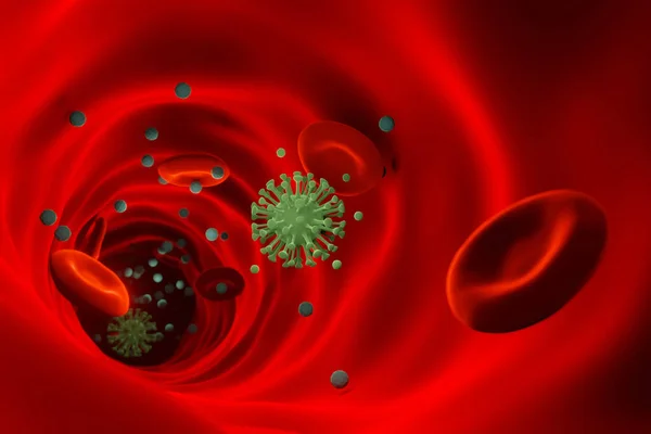 Молекули Коронавірусу Серед Еритроцитів Крові Інфікованої Людини Рендерингу — стокове фото