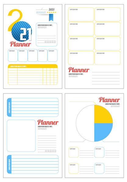 Набор минималистских планировщиков 2021 года. Ежемесячный, еженедельный, ежедневный шаблон планировщика. Управление бизнесом и временем. Бумажный лист. Векторная иллюстрация.