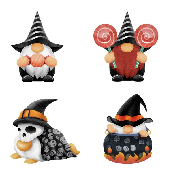 Conjunto Acuarela Para Gnomos Dibujados Mano Para Halloween Illustration Vector — Archivo Imágenes Vectoriales