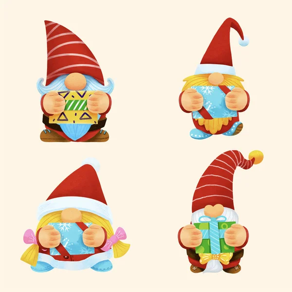 Gnomo Navidad Acuarela Set Illustration Vector — Vector de stock