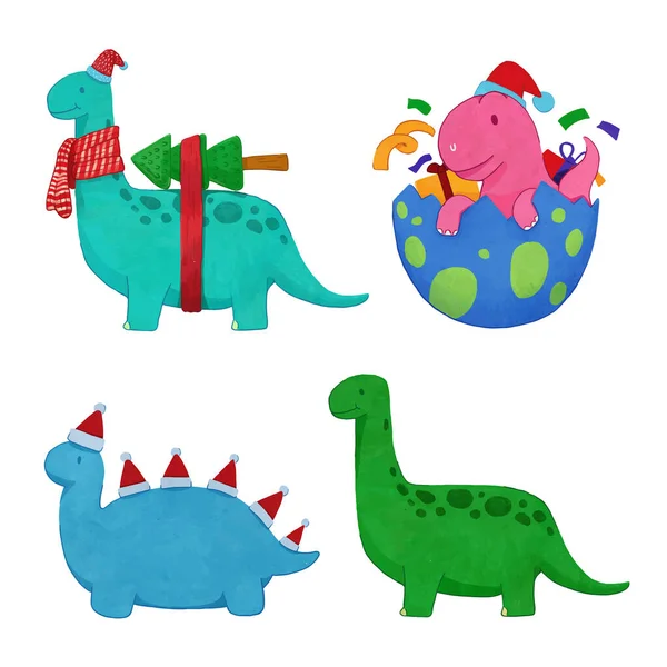 Navidad Dinosaurio Acuarela Set Illustration Vector — Vector de stock