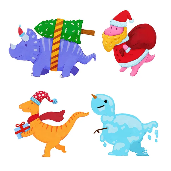 Vánoční Dinosaurus Akvarel Set Illustration Vektor — Stockový vektor