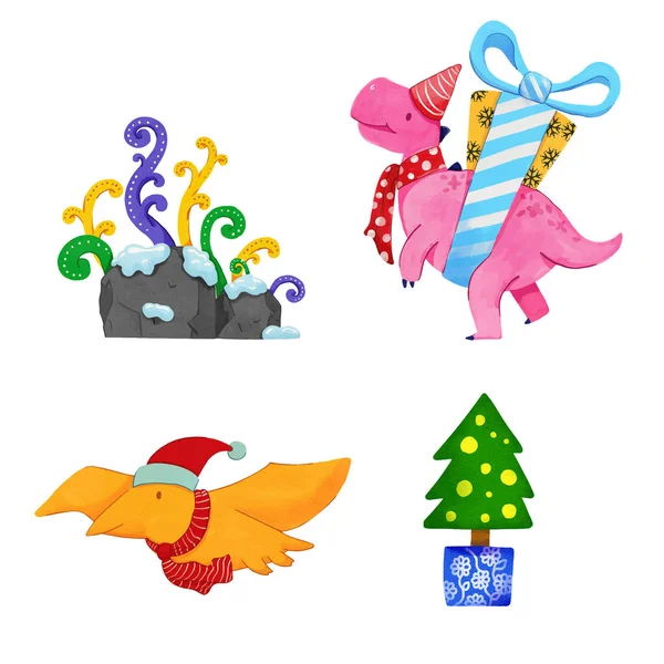 Navidad Dinosaurio Acuarela Set Illustration Vector — Vector de stock