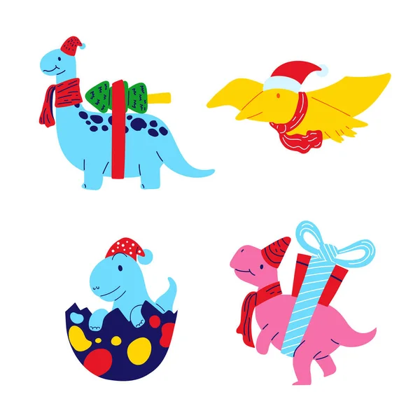 Christmas Dinosaur Plochý Design Set Ilustrační Vektor — Stockový vektor
