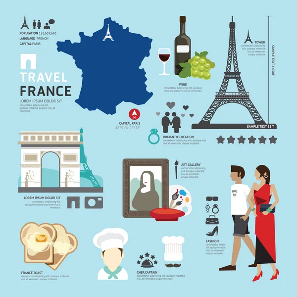 Paris, França Flat Icons Design — Vetor de Stock