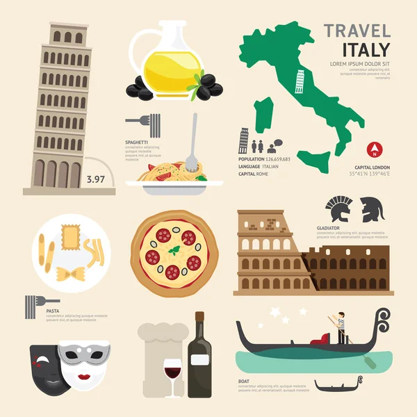 Italia Iconos planos Diseño — Vector de stock