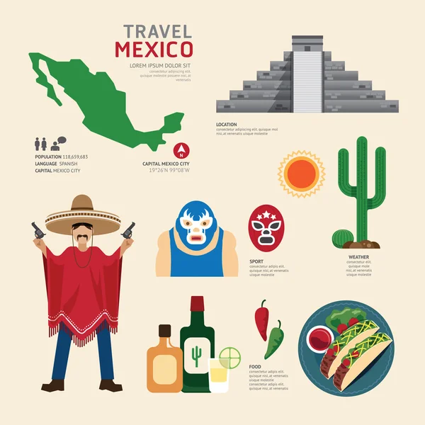 Iconos planos Diseño de México Lugares de interés — Archivo Imágenes Vectoriales