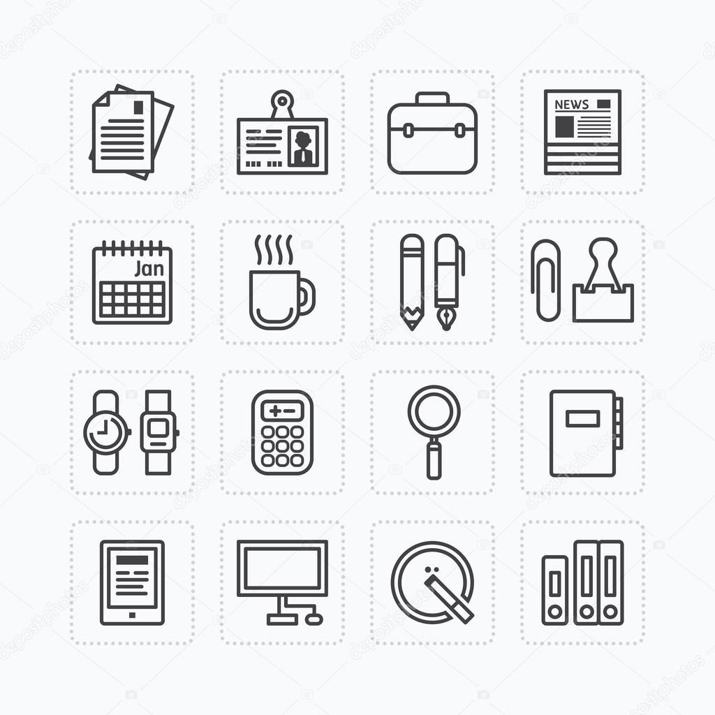 Vector flat icons set of business office tools outline concept.