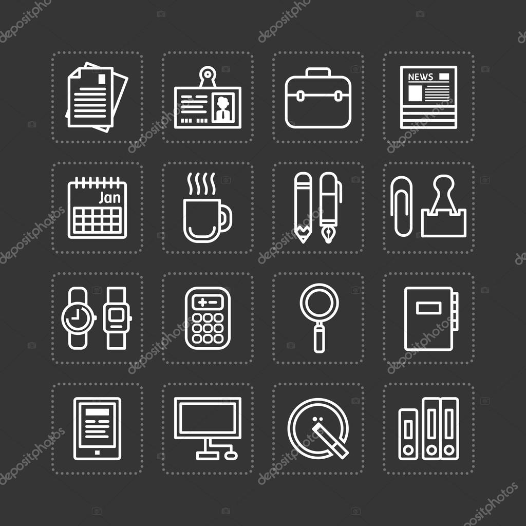 Vector flat icons set of business office tools outline concept.