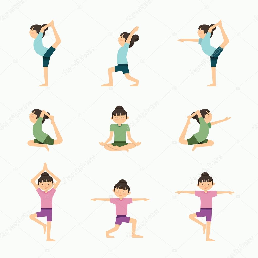 Set of  girl exercises yoga