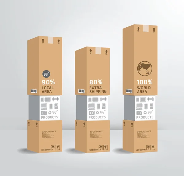 Infográfico modelo produto transporte caixas de papel — Vetor de Stock