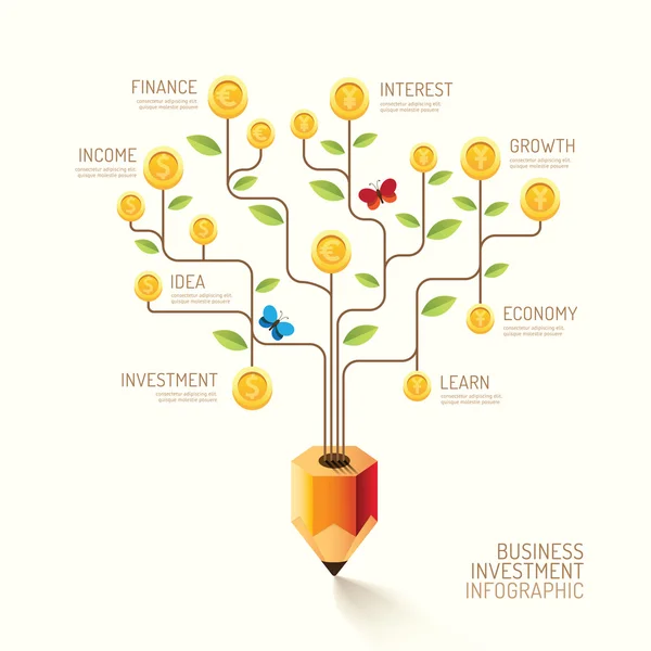 Infographie crayon d'affaires arbre et pièces — Image vectorielle