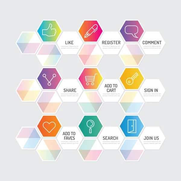 Botões geométricos modernos com ícones sociais — Vetor de Stock