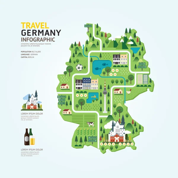 Infografía de viaje y punto de referencia Alemania mapa forma plantilla desig — Vector de stock