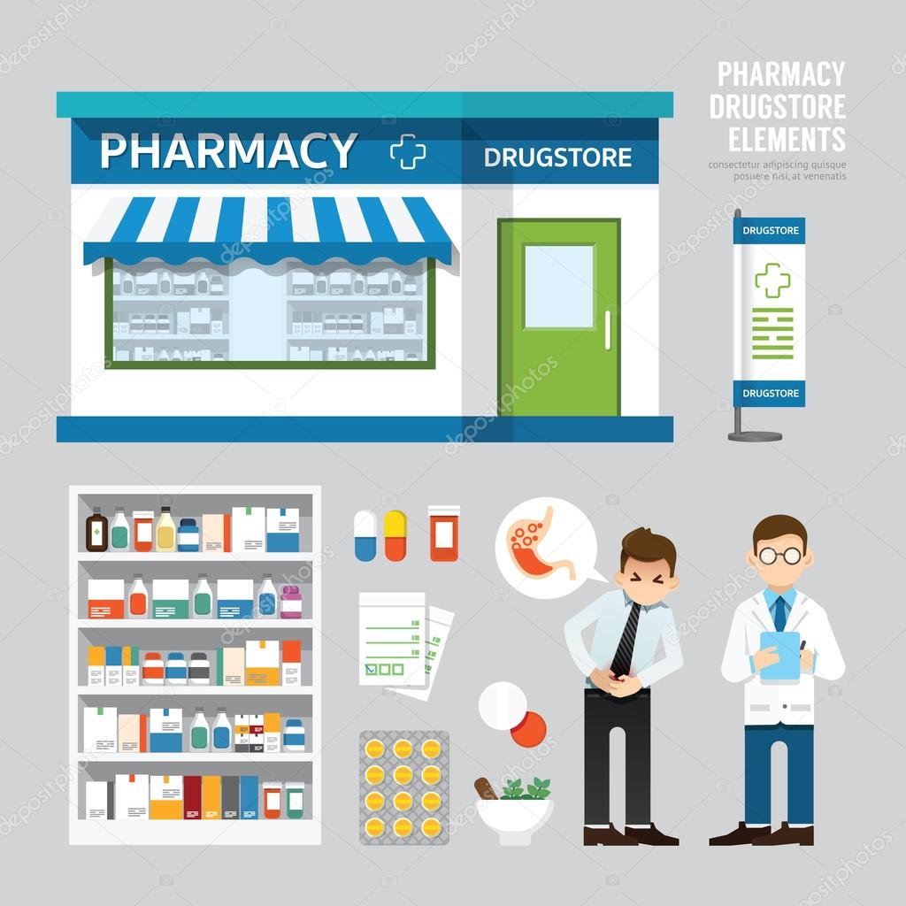 Vector pharmacy drugstore set design, shop store, package, t-shi