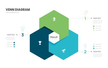 İş dünyası için venn diyagramı bilgi şeması şablonu 3 seçenek sunumu ve simge unsurları, 3 adım iş başarısı.