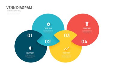 İş dünyası için venn diyagramı bilgi şablonu 4 seçenek sunumu ve simge unsurları, 4 adım iş başarısı.