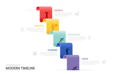 Bilgi İşletme Zaman Çizelgesi 5 etiketi başarı şablonuna doğru adım atıyor. Simge vektör illüstrasyonlu sunum.