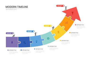 Bilgi işleme iş ok zaman çizelgesi başarı şablonu için 7 adım. sunum ve simge vektör illüstrasyonu.
