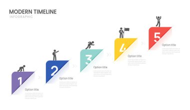 Bilgi işleme iş zaman çizelgesi başarı şablonuna 5 adım. Sunum simgesi ve numaralandırılmış ögeler. vektör illüstrasyonu.
