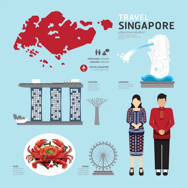 Singapur düz simgeleri tasarım seyahat Concept.Vector — Stok Vektör