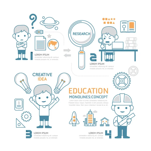 Piatto linea mono Infografica Istruzione Persone lavoro concept.Vec — Vettoriale Stock